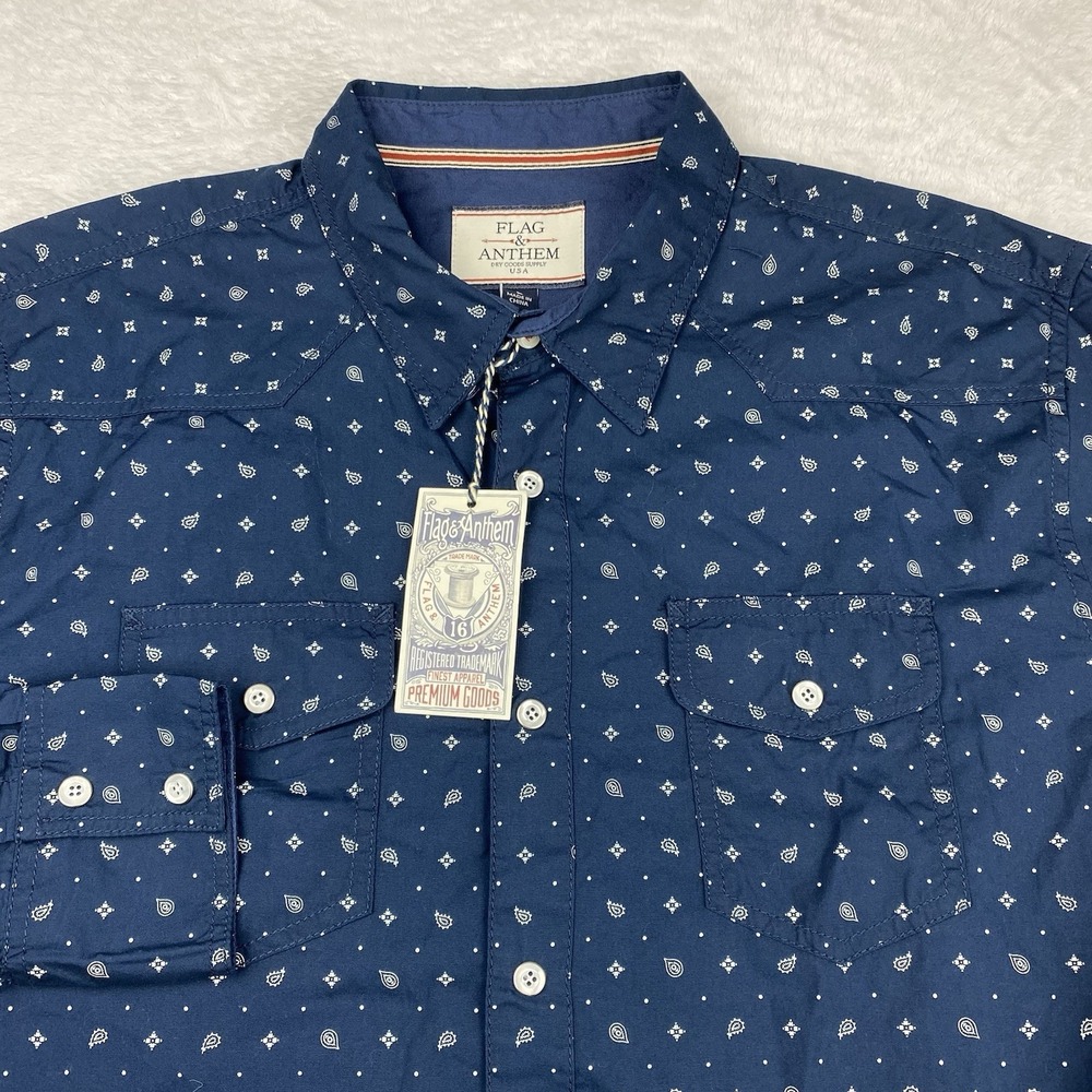 Flag & Anthem‎ Shirt Mens Large Navy Blue Print Dual Pockets New w/Tags!